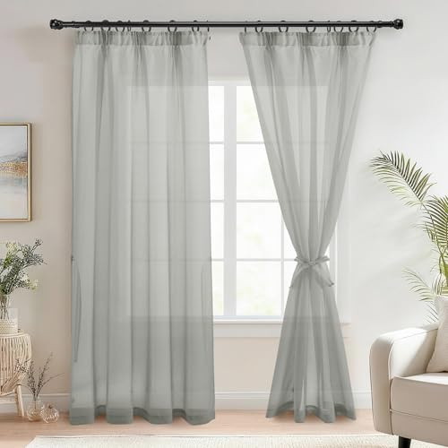 DWCN Gardinen Kräuselband für Schienensystem Transparent Grau H245 x B140cm | 2er Set, Durchsichtig，Leinenoptik，Gardine mit Raffhalter, für Schienen, für Wohnzimmer Schlafzimmer Kinderzimmer