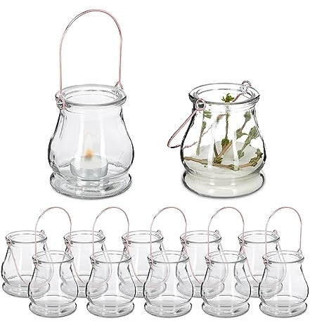 Relaxdays Vasetti Portacandele, Set da 12 Lanterne Vetro con Manico in Metallo Porta Candeline, 10 x 8,5 cm, Trasparente