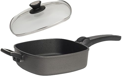 SKK 2-tlg. Bratpfanne 28x28 cm - ohne Induktion - quadratische Aluguss Hochrand-Pfanne Griff abnehmbar & Deckel mit Edelstahlrand - Made in Germany