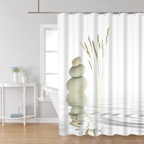 Uiiooazy Duschvorhang 180x180cm Anti Schimmel Spa Grau Steine Zen Pebble | Duschvorhang Japanisch Landschaft Wasserdicht Stoff Polyester Waschbar Bad Vorhang mit 12 Haken für Badezimmer Badewanne