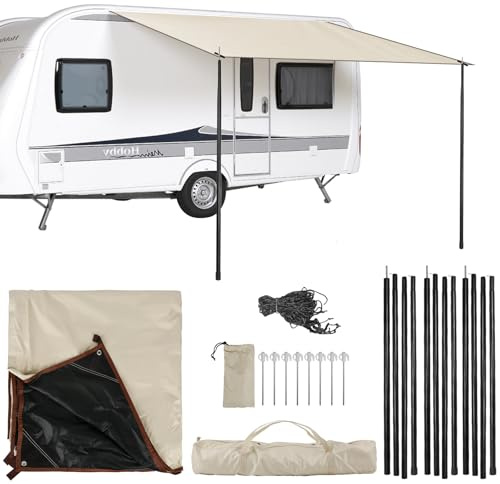 Sonnendach Markise für Wohnwagen Wohnmobil, 2,5m x 4m Auto Markise Vordach mit Abspannleinen, Stützstangen und Heringe, für 4,3/6,2/7 mm Markisenschiene