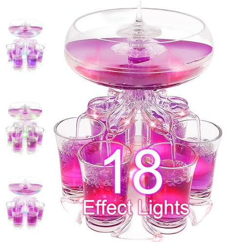 Shot Glass Dispenser with 6 Shot Glasses Set + 18 Effect Lights, Acrylic Wine Glass Dispenser and Holder, Decorative Liquor Glass Dispenser with 6 Separating Ports for Filling Cocktails Whisky