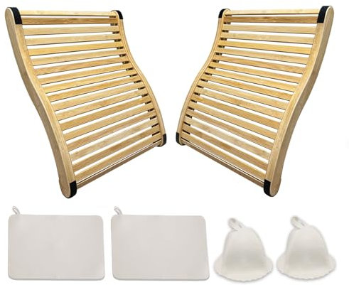 NUIBY Natürliche Bambus-Sauna-Rückenlehne, kühler und flexibler als Holz, komplett mit 2 Sauna-Hüten und 2 Sitzpolstern, mit Anti-Rutsch-Gummi-Pad, Sauna-Zubehör-Set (2er-Pack)