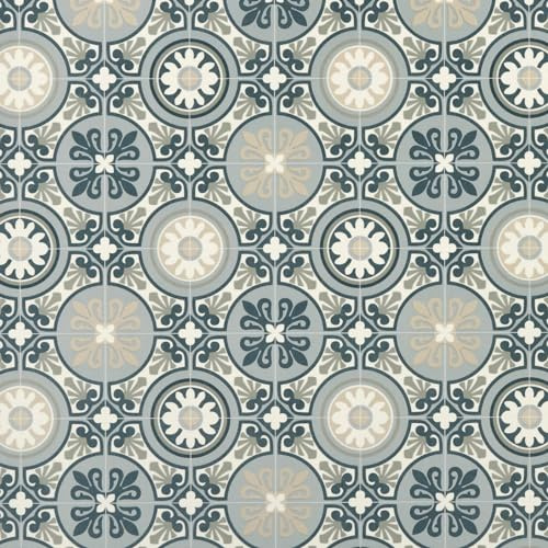 Moroccan Tile Design Felt Back Vinyl Flooring Sheet Blue Grey & Beige Patterned Non Slip Lino Conservatory Kitchen Bathroom Floor (Tangier 07, 2m x 3m)