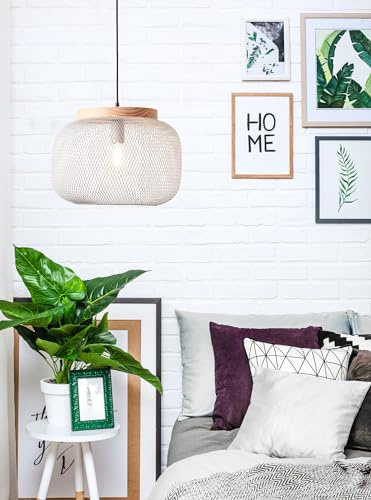 Lightbox Hängelampe | 110 cm Höhe, Ø 40 cm | Pendelleuchte mit Gitter Schirm | kürzbar | Basis aus Kiefernholz | E27 Fassung | Küche oder Esszimmer | aus Metall/Holz | in Hell Grau/Braun