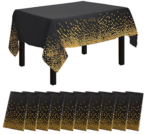 LDHHYH Pack de 10 Mantel Mesa Rectangular, Mantel Desechable Negro y Dorado de Plastico PE 137 x 274 cm, Cubierta Impermeable para Cumpleanos, Bodas y Fiestas
