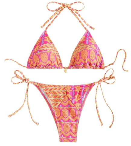 Generico Costume Bagno Due Pezzi – Reggiseno Triangolo e Mutande Brasiliana Costume Mare Donna Bikini Mare Coordinato con Dettagli Uncinetto Crochet Costume da Bagno a Triangolo a Lavorato a Maglia