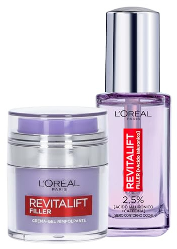 L'Oréal Paris Revitalift Filler Creme-Gel für das Gesicht, Anti-Falten, feuchtigkeitsspendend mit Hyaluronsäure, 50 ml + erfrischendes und glättendes Serum für die Augen mit energetisierendem Koffein,