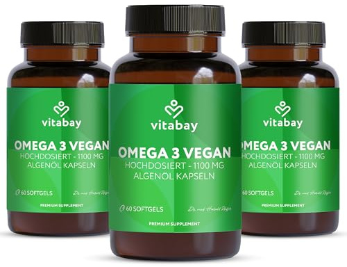 Vitabay Omega 3 Vegan 180 Kapseln mit 1100mg reinem Algenöl mit Vitamin E | hochdosiert – DHA 600mg & 300mg EPA – Laborgeprüft in Deutschland & ohne Zusatzstoffe – Qualität aus der Natur – 3er Bundle