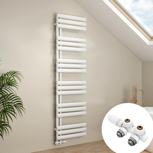 EMKE Ovaler Badheizkörper mit Multiblock 1740x500 mm, Handtuchheizkörper mit Seitenanschluss, Handtuchtrockner & Handtuch Heizkörper Bad in Weiß 683W