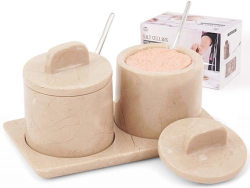 SPESHSTONES Salero de mármol con tapa y bandeja, juego de 2, color beige, hecho a mano, para saleros y pimienteras - Ideal para contener sal y especias, tazón de azúcar para almacenamiento en la