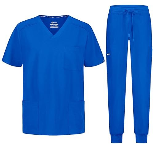 B-well Matteo Divisa Sanitaria Uomo Elastica | Uniforme Sanitaria Uomo | Set con Casacca e Pantalone Jogger |Divise Sanitarie Uomo con Spandex, Blu Reale, XL
