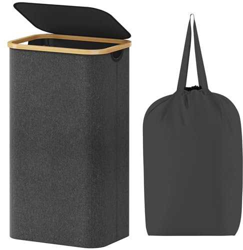 Lifewit 100L Laundry Basket with Lid, Clothes Hampers for Laundry with Bamboo Handles and A Removable Laundry Bag, Large Foldable Laundry Hamper for Bedroom, Bathroom, Dorm, Laundry Room, Dark Grey