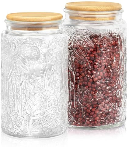 Skyspher 2 Pack Vintage Glass Canisters with Airtight Lids - Set of 2 Decorative Storage Jars for Tea, Coffee, Sugar, Nuts & Beans – Perfect for Kitchen Organization & Home Decor 1000ml