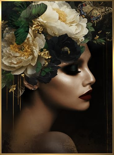 STYLER Bild Charlotte 50x70 cm (AUFHÄNGFERTIG) mit hochwertigem goldenen Rahmen – Frau mit Blumen – Exklusives Wandbild Modern Dekorativ Hochwertig Blumenkopf
