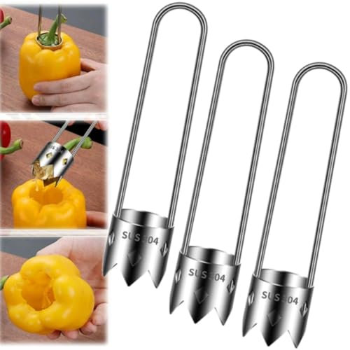 Obst- und Gemüseentkerner, roter Paprika-Entkerner, Edelstahl-Fruchtentkerner, universeller Apfelkernentferner mit ergonomischem Griff, für Gemüse, Obstentkerner, Küchenhelfer (3 Stück)