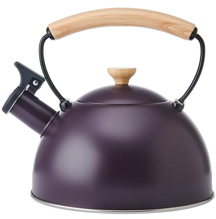 La Cafetière Flötenkessel mit hitzebeständigem Holzgriff, leicht, rostbeständig, mit klappbarem Ausgießer, kompatibel mit allen Herdplatten, 1,6 l, violett