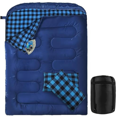 Sac de couchage double en flanelle de coton - Sac de couchage double pour 2 personnes - Avec coussin - Sac de transport pour le camping en plein air - Sac de couchage pour adulte - 220 x 160 cm