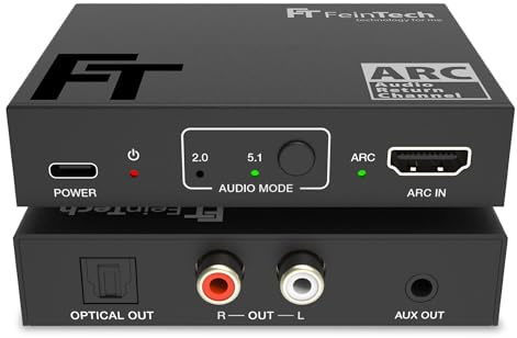 FeinTech AX130 HDMI ARC Audio Adapter für TV mit Lautstärke-Steuerung, gleichzeitige Audioausgabe über Toslink Cinch AUX