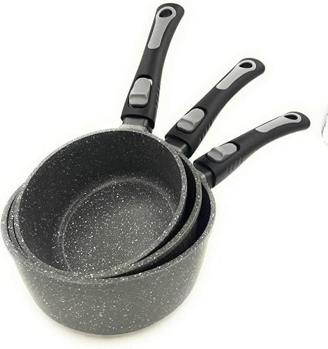 klaus Lot de 3 casseroles en Pierre Antiadhésif Haute Qualités avec Couvercle en Verre trempé tous Feux dont Induction avec Manche Amovible Ø 16 cm, Ø 18 cm et Ø 20 cm