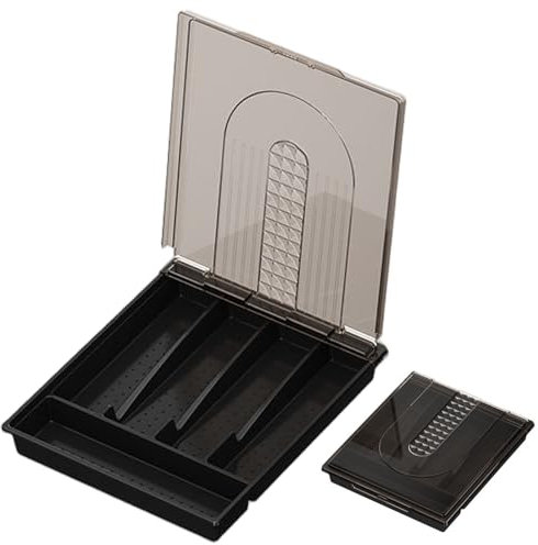Organiseur d'argenterie avec couvercle, plateau à ustensiles couvert pour tiroir de cuisine et comptoir, boîte de rangement en plastique pour couverts et couverts pour cuillères, fourchettes, noir