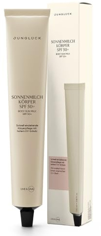 JUNGLÜCK Sonnenmilch Körper SPF 50+ – Schnell einziehend & wasserfest | Hoher UV Schutz LSF 50+ schützt vor UV-A und UV-B, schnell einziehend ohne zu weißeln für leichtes Hautgefühl – Vegan