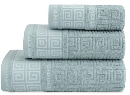 BESCH Set de 3 Toallas Diseño Greco Reversible – Algodón 100% Extra Suave y Absorbente – Tamaños: 30x50, 50x90 y 100x150 cm (Greco Verde Mar)