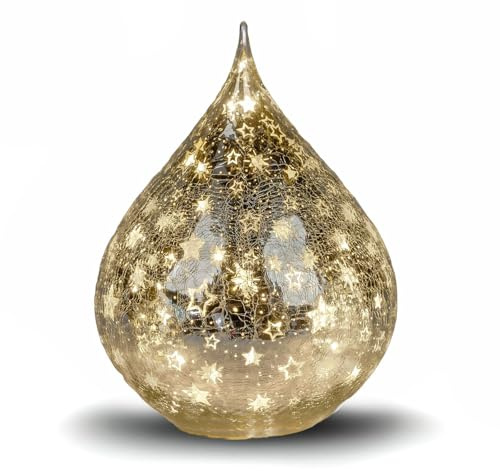 formano LED Deko Tropfen Sterne Silber 21cm Glasleuchte Crackle-Optik mit Timer (6h an/18h aus) Batteriebetrieben Stimmungslicht für Winter & Weihnachten Dekoleuchte für gemütliches Zuhause