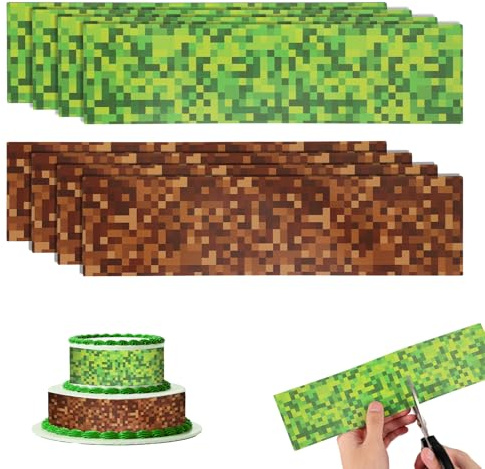 8pcs Pixel Game Cake Border Decor, Green & Brown Cake Toppers Wrapper Border Strips for Birthday Pixel Theme Party Supplies