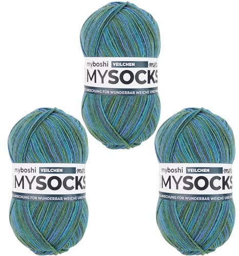 myboshi mysocks Merino, extra weiche 4-fädige Merino-Sockenwolle, 75% Schurwolle, 25% Polyamid, filzfrei, 100g, 420m Blau (Veilchen) 3 Knäuel