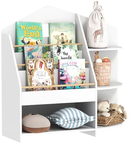 AIYAPLAY Bücherregal für Kinder 4 offene Fächer 80L x 30B x 79,7cm Weiß | Kinderregal, 3 Ablagen, Kiefernholz-Aufbewahrungsregal, Spielzeugregal für Spielzeug Bücher, Standregal, Kinderzimmer