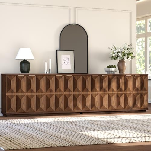 Yechen 118 Walnut Sideboard Buffet Cabinet with Storage, Modern Credenza with 3D Geometric Pattern Doors & Adjustable Shelves, Accent Wood Media Console Table for Living Room, Kitchen/2 Pieces