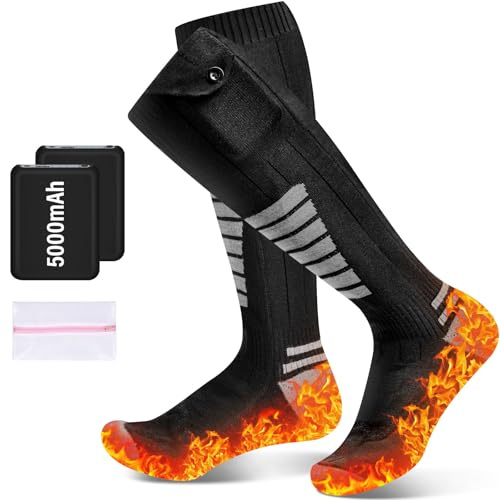 Chaussette Chauffante, 5000mAh Chaussettes Chauffantes Rechargeables avec 4 Températures,Chaussettes Chauffantes Homme Femme 36-46,Washable Heated Socks,Chauffe Pied pour Ski Randonnée Chasse