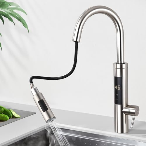 HOMELODY Robinet de cuisine électrique extensible avec chauffe-eau instantané 230 V, douchette en silicone extensible à 360°, robinet de cuisine avec régulateur de température tactile et écran LED