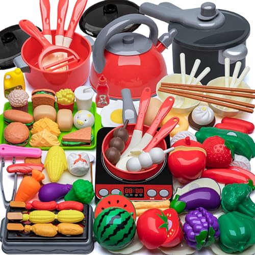 JUQG 74 Pcs Accesorios de Juguetes de Cocina para Niños, Juguetes de Cocina con Ollas y Sartenes, Juego de Roles de Chef Infantil para Niños y Niñas de 3 4 5 6 7 8 Años