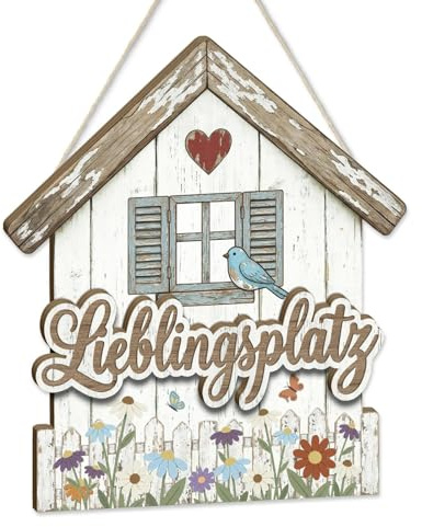 Putuo Decor Wanddeko “Lieblingsplatz“ Hausmotiv mit Herz Fensterladen Blumenzaun, mehrlagiges Dekoschild für Eingang Flur Wohnzimmer Küche, Landhaus Stil Deko für Gartenhaus Wintergarten Terrasse