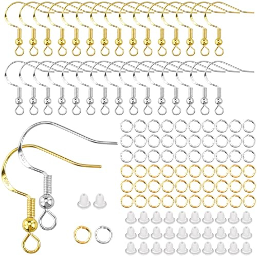 Juego de 300 ganchos para pendientes con 100 topes de silicona y anillos de curvatura de 4 mm, para manualidades (plata/dorado)