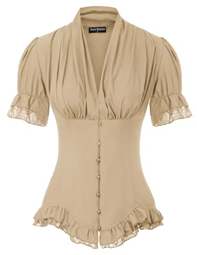 SCARLET DARKNESS Elegant gotisk blus kortärmad V-ringad knäppt veckad chic | Kortärmad med volanger, V-hals, snörning på baksidan