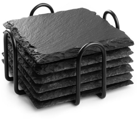 Slate Coasters Set of 6, Square Black Drink Coasters with Holder, Cup Coastersset, DIY Engraving Coffee Table Drinks Coastersset, 4 Inch Stone Coaster for Drinks Bar Home Kitchen Housewarming Gifts