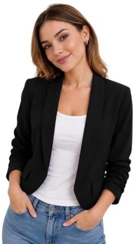 Cropped Blazers for Women UK Casual Ruched Sleeve Suit Plain Open Jackets Clearance Work Office Womens Coats Cardigan Suit Formal Jacket Top Solid Color Collar Italian Blazer Coats (Black , UK 6-12)