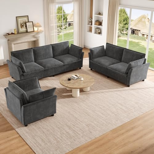BTM Modern Sofa Set 3 2 1 Wohnzimmer Polstergarnitur mit Kissen, Cloud Modulare Sofa Couchgarnitur, Chenille, Grau
