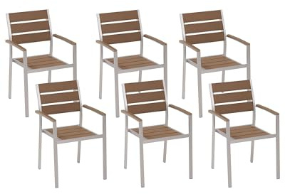 Beliani Gartenstuhl mit Armlehnen 6er Set Kunstholz Hellbraun Aluminium stapelbar Vernio