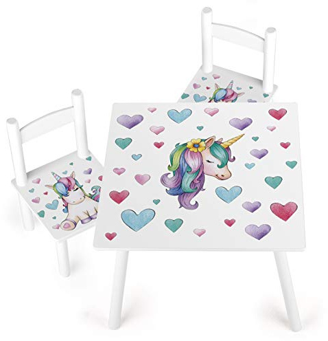 leomark tavolo e 2 sedie in legno, tavolino set da cameretta per bambini, gioco di gruppo in classe, mobili per bambini, stanza dei bambini mobili alta qualità stabile, tema: UNICORNO