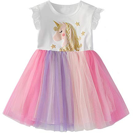 DXTON Vestito da Ragazza Vestito Casual Festa Maniche Lunghe Tulle Principessa Unicorno Ragazze 2-8 Anni