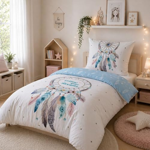 Familando - Set di biancheria da letto double face, design moderno, 135 x 200 cm, 80 x 80 cm, 100% cotone, motivo acchiappasogni (set invernale in flanella, turchese/blu)