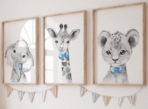Eviepops Prints Set aus 3 Safaritieren für Kinderzimmer von Jungen, Ungerahmter Druck, Schlafzimmerdekor, Kinder Wandkunst, Dekor im Babyzimmer, Spielzimmer-Poster, elefant giraffe löwe (A4)