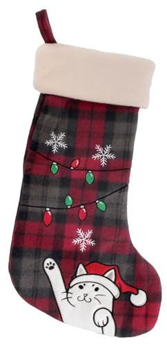 BambooMN 1 Pc Set 18 Classic Hand Embroidered Sequined Cute Animal Christmas Stocking, 16 Naughty Cat Plaid