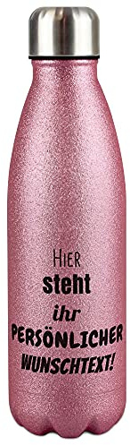 Edelstahl-Trinkflasche selbst gestalten - individuell mit Text - Thermosflasche Glitzer, Wasserflasche BPA-frei, Reise, Camping, Glitter I Personalisiertes Geschenk, Pink 500 ml