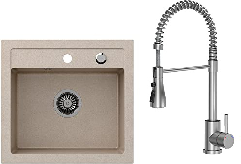 VBChome Fregadero con grifo, 50 x 47 cm, color beis, para empotrar, fregadero de cocina compuesto moteado a ras de la superficie + sifón caño giratorio, caño giratorio