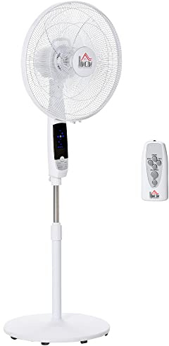 HOMCOM Ventilateur sur pied puissant 50 W, ventilateur réglable en hauteur 118-138 cm, télécommande, 5 pales de 40 cm, 3 modes et 3 vitesses, oscillation 85° et minuterie, blanc